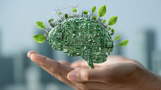 Hand Holding Green Tech Orb with Leaf Data Icons for Environmental Innovation
