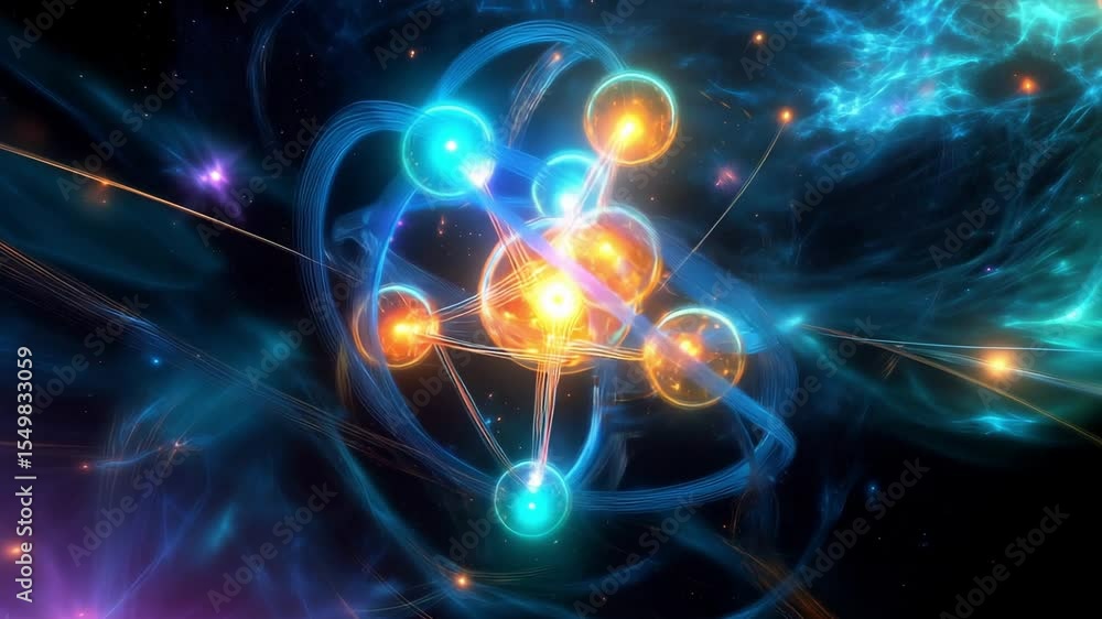 Aufkleber the complex interactions of particles within an atom as vibrant energy patterns swirl around a centr
