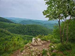 mountain landscape with blue sky. Panoráma a Gulicska-tetőről a Bükk hegységben