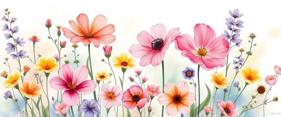 Soft watercolor wildflowers, vibrant hues, delicate blooms, whimsical botanical art,  nature,  spring
