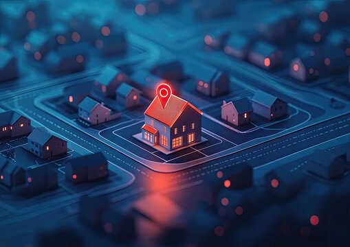 A stylized, digital representation of a neighborhood with a highlighted house