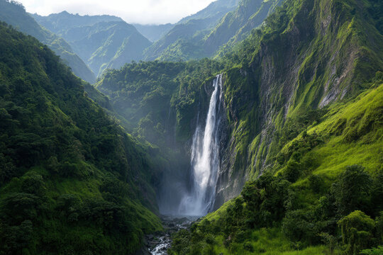 Majestic waterfall flows down mossy cliffs in a jungle