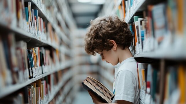 A young boy stands in a library, deeply engrossed in a book, surrounded by shelves filled with colorful volumes, symbolizing curiosity and the joy of reading.
