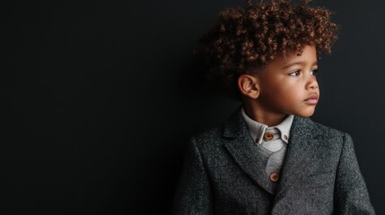 Obraz premium A young boy with curly hair gazes thoughtfully, dressed in a smart blazer, against a dark background, evoking a sense of contemplation and innocence representative of youth.