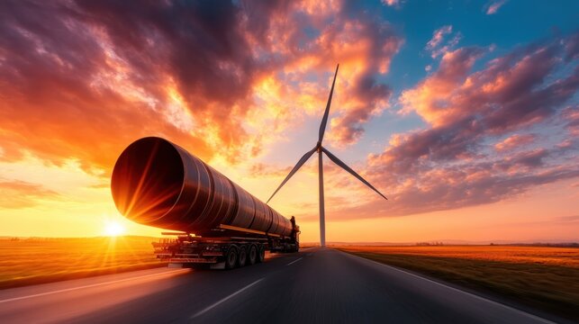 A large truck carries a wind turbine blade along a picturesque road at sunrise, symbolizing sustainability and innovation in renewable energy with a stunning sky backdrop.