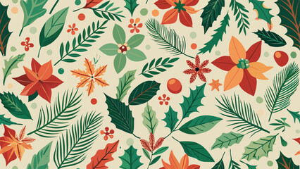 Fototapeta premium Christmas winter floral seamless pattern. with mail envelope and festive wreath with text in a hand-drawn style. pastel palette is ideal for printing packaging, fabrics, textiles. 