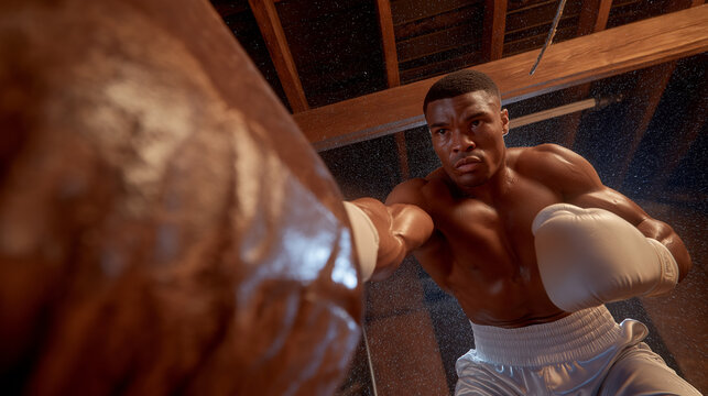 Boxer Hitting Heavy Bag in Gritty Gym with Sweat and Timer