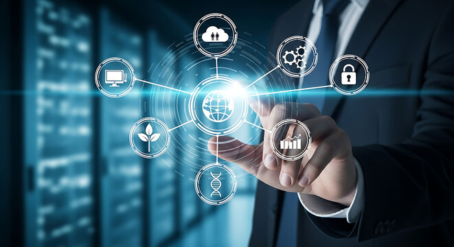 Businessman Interacting with Global Network Data Icons