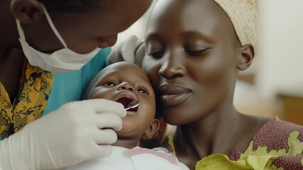 A dentist examines an infants teeth with the mother present in a community health clinic setting
