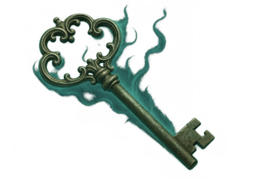 Vintage ornate key radiating mystic turquoise light, floating against transparent backdrop, symbolizing magical potential
