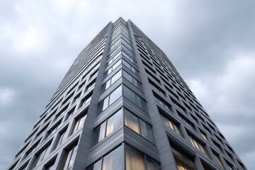 Fototapeta premium Tall gray building with windows extending upwards against a cloudy sky