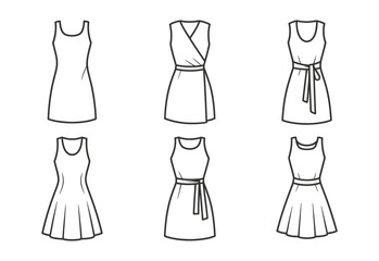 Collection of six different outline dress styles for women on a white background