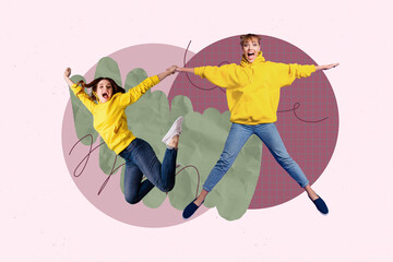 Pop zine full art photo collage of two happy girls dance weekend celebration vibe event chill party discotheque clubbing holiday