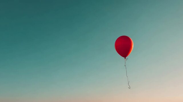 Red balloon soars across tranquil sky at sunset in gentle breeze