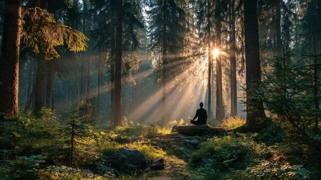 Person meditating in a sunlit forest symbolizing the tranquility and healing aspects of forest bathing and ecotherapy