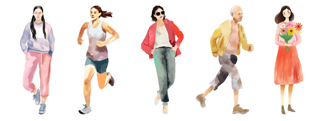 PNG Diverse watercolor active people, element set on transparent background