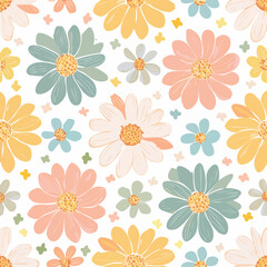 Cutout flowers and floral elements seamless pattern. Scandinavian geometric abstract modern plants and leaves. Simple vector background. Hand drawn graphic design for paper, textile, fabric