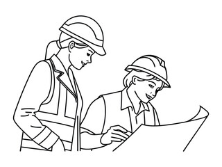 Obraz premium Minimal vector illustration. View of a Worker and an architect watching some details on a construction site.