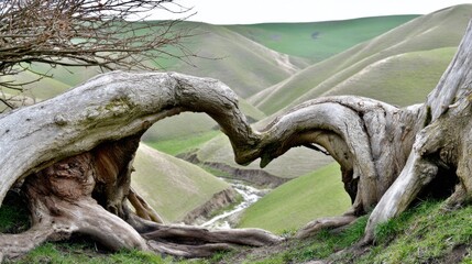 Obraz premium Aged gnarled tree trunk frames scenic view of rolling green hills, narrow glistening stream, and tranquil valley with lush grass and serene natural beauty.