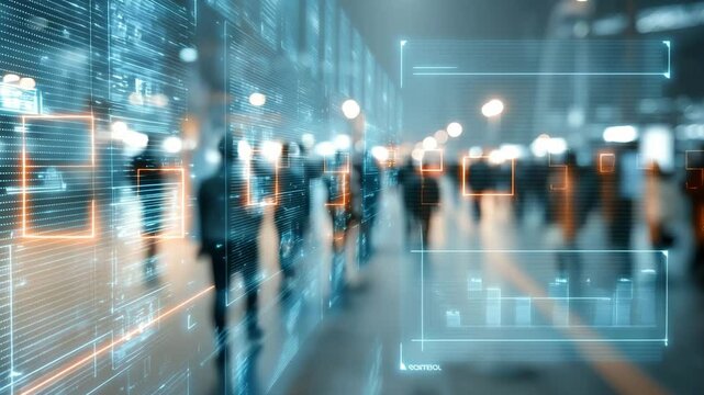 People navigate through a bustling city street enhanced with digital overlays showing movement patterns and data analytics - Powered by Adobe