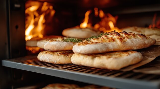 Various flatbreads are baking in a rustic oven, showcasing the art of bread making and the warmth of traditional cooking methods, perfect for food enthusiasts and chefs.