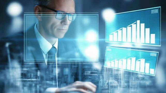 a businessperson working on a foldable nanotech laptop showing factory output stats mid-flight seated at a collaborative booth in futuristic aircraft lounge coffee earbuds and data