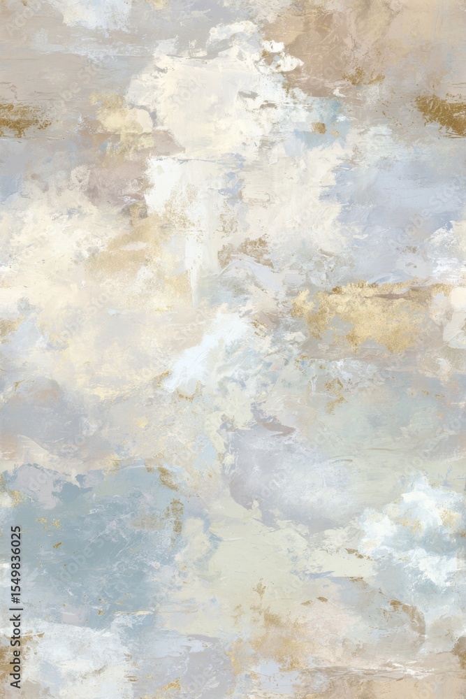 Poster abstract painting with a subtle mix of light blues creams and hints of gold creating a serene and et