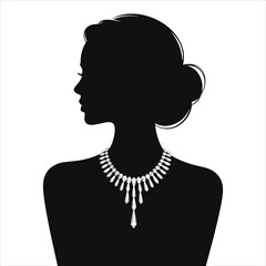 ( Crystal necklace)Elegant Black and White Silhouette of a Woman Wearing a Luxurious Diamond Necklace