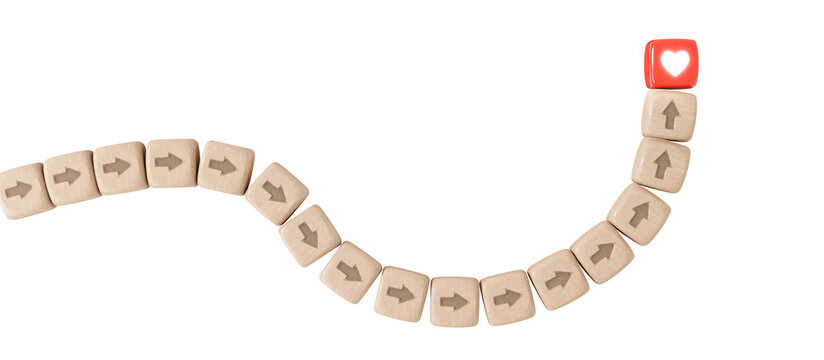 The journey of human development toward adulthood. Pathway formed by cubes, each marked with arrows symbolizing guidance and forward movement. Isolated on a transparent background. 3D illustration.