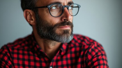 A close-up portrait of a pensive man wearing glasses and a red plaid shirt, reflecting deep thoughts and a calm demeanor in an intimate, softly lit environment for connection.