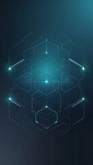 Abstract geometric cube structure with glowing nodes and interconnected lines on a dark blue gradient background.