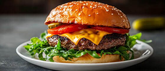 Juicy Cheeseburger with Fresh Arugula and Tomato on a Sesame Seed Bun