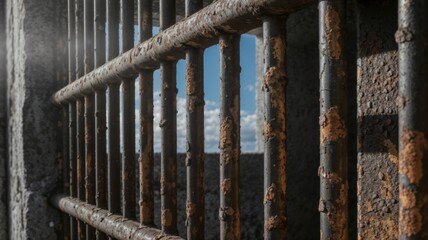 Rusted steel prison grid with sunlight and blue sky