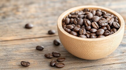 Fototapeta premium A close-up of freshly roasted coffee beans in a wooden bowl on a rustic table, showcasing their rich texture and color.