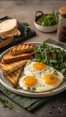 Delicious Breakfast Plate with Sunny-Side-Up Eggs, Toast, and Fresh Greens