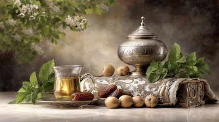 A beautifully arranged still life featuring a glass of tea, dates, and decorative elements, representing cultural traditions, This image is perfect for culinary articles, blogs