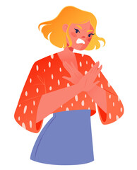 Indignant young woman moving away with both hands from an object that causes her to feel negative and make NO gesture. Concept of expressing emotions, upholding personal boundaries, body language