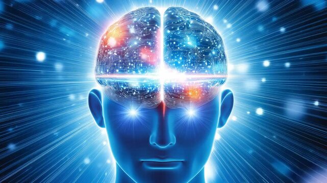 Visualization of a human head explores the relationship between brain activity and consciousness with a focus on neural connections and light patterns