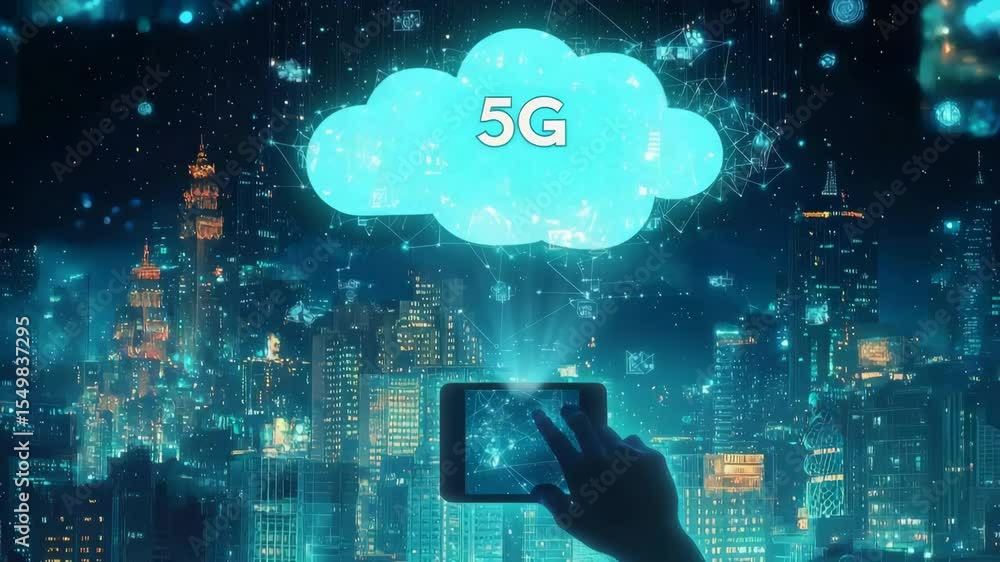 Poster futuristic 5g network visualization above cityscape with interactive tablet control
