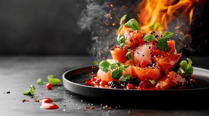 An explosive dish featuring vibrant ingredients igniting with flames, showcasing culinary artistry and creativity, stimulating the senses through color, flavor, and visual appeal.