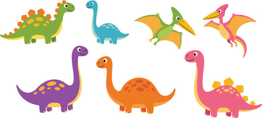 A cute collection of colorful baby dinosaur characters, featuring various species like Stegosaurus and Brontosaurus, perfect for kids' party invitations or nursery decor.