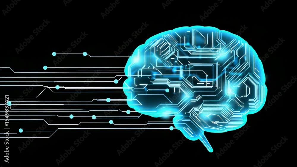 Poster futuristic blue digital brain with circuitry showcasing neural network technology and ai connectivit