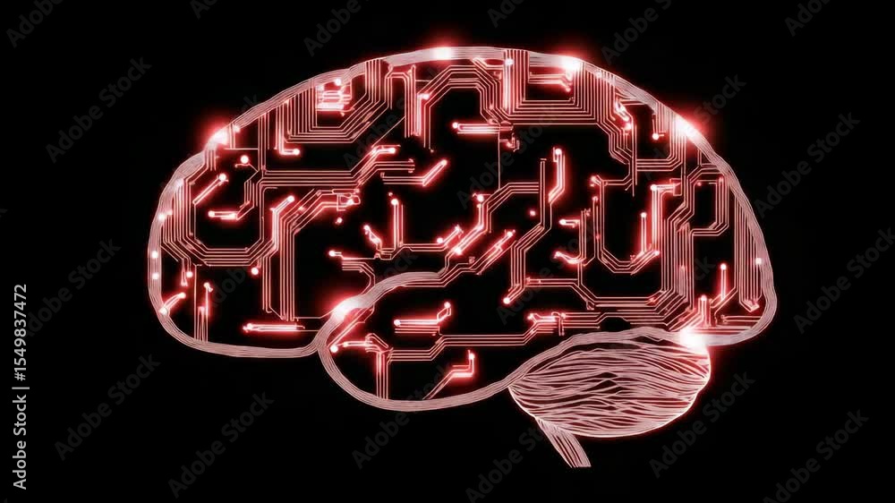 Poster glowing circuitry brain animation depicting neural activity and technological advancements