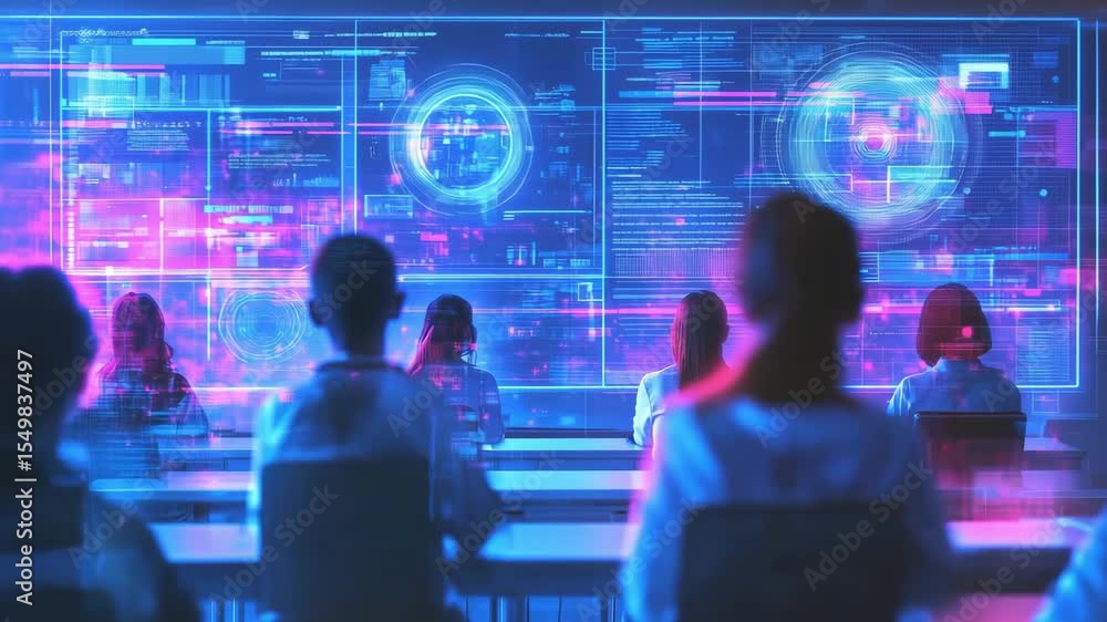 Poster students engage in a lesson featuring interactive displays and advanced technology in a futuristic l