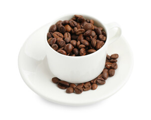 Ceramic cup with roasted coffee beans isolated on white
