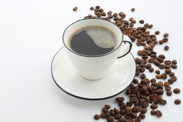 Aromatic coffee in cup and beans isolated on white