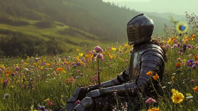 Medieval knight resting amidst blooming wildflowers in scenic countryside