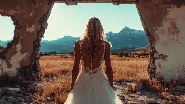 A stunning bride stands with her back to the camera, framed by a crumbling wall and majestic mountain peaks under a clear blue sky, symbolizing love and new beginnings in nature.