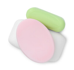 Three soap bars isolated on white, top view. Personal hygiene