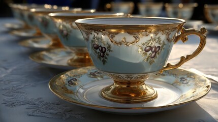 Fototapeta premium Elegant porcelain teacups with intricate gold detailing and floral designs arranged on a table set for an afternoon tea, Ideal for use in articles about hospitality, dining decor, or event planning,